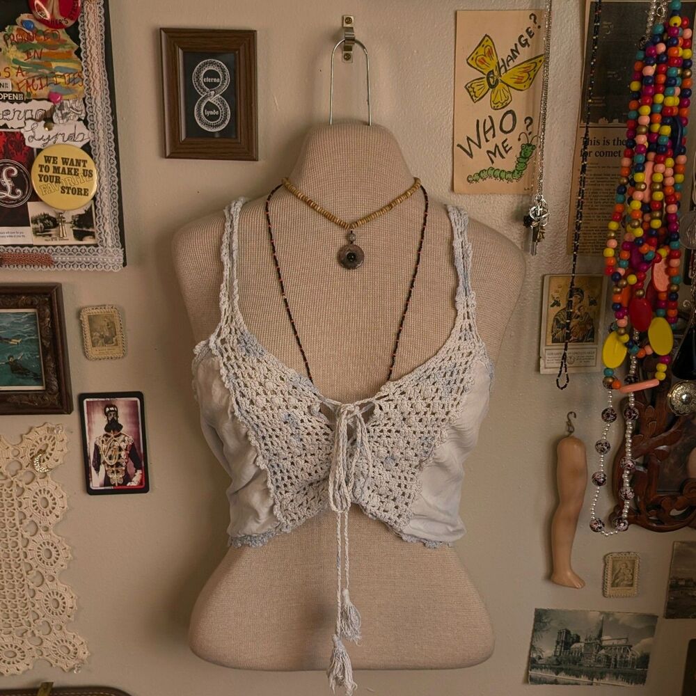Crochet Lace Up Cropped Cami Tank Top Women's XS Blue White Tie Dye Boho